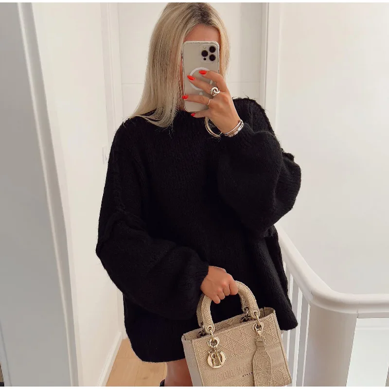 Women’s Oversized Sweatshirt – Knit Texture – Balloon Sleeves – Long Length – Round Neck