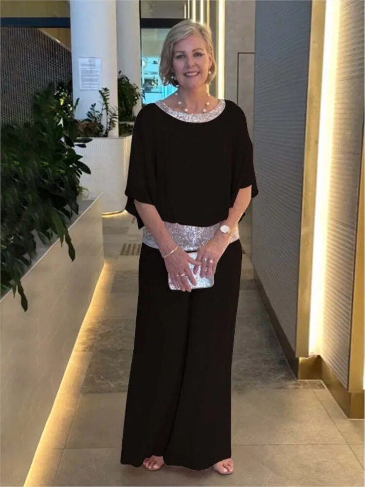 Women's Evening Gown - Floor-Length Elegant Fit - Round Neck Embellished - Short Sleeve