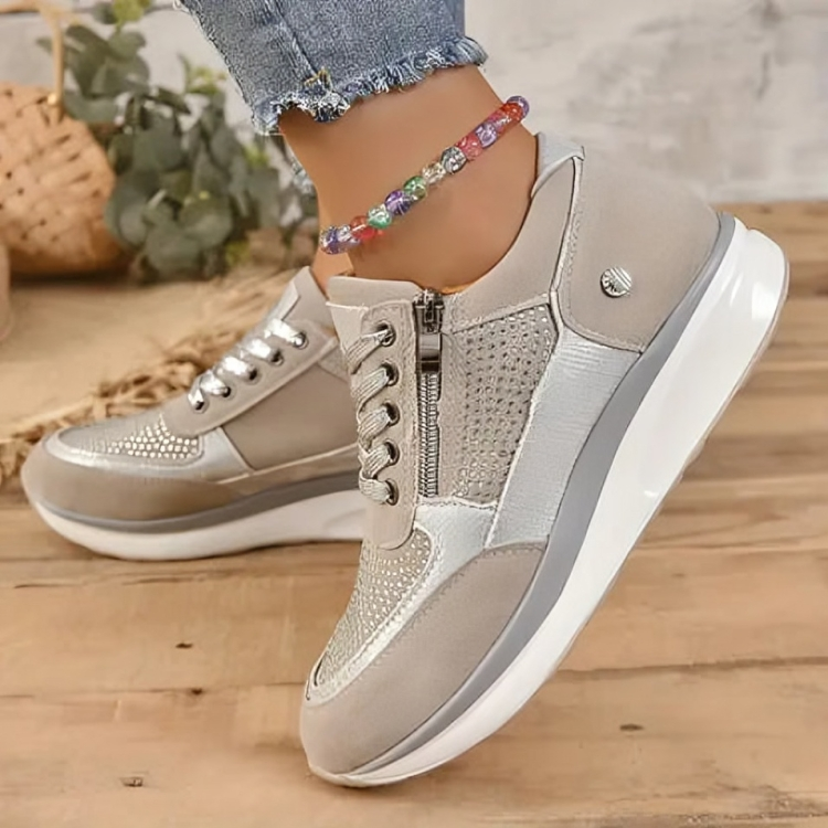 Women's Sneakers - Breathable Mesh Upper - Lace-Up with Side Zipper - Cushioned Sole