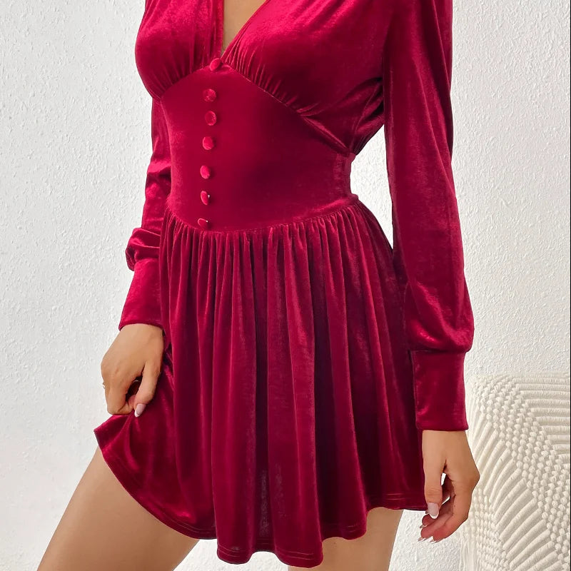 Women's Velvet Mini Dress - V-Neck - Long Sleeve - Button Detail - A-Line Silhouette