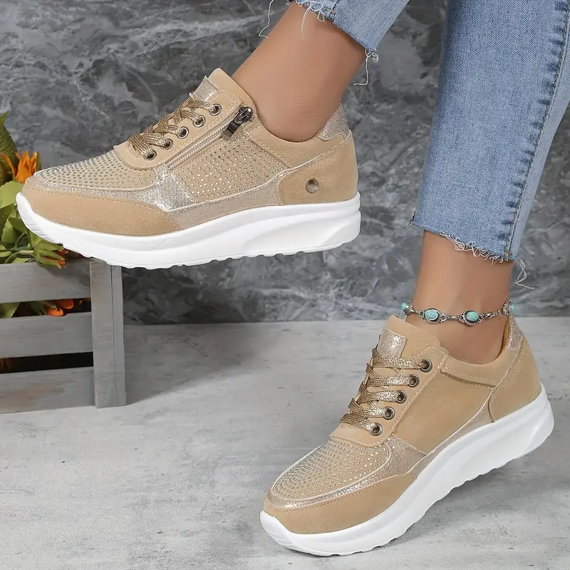 Women’s Wedge Sneakers - Suede & Metallic Panels - Rhinestone Accents - Zipper & Lace-Up