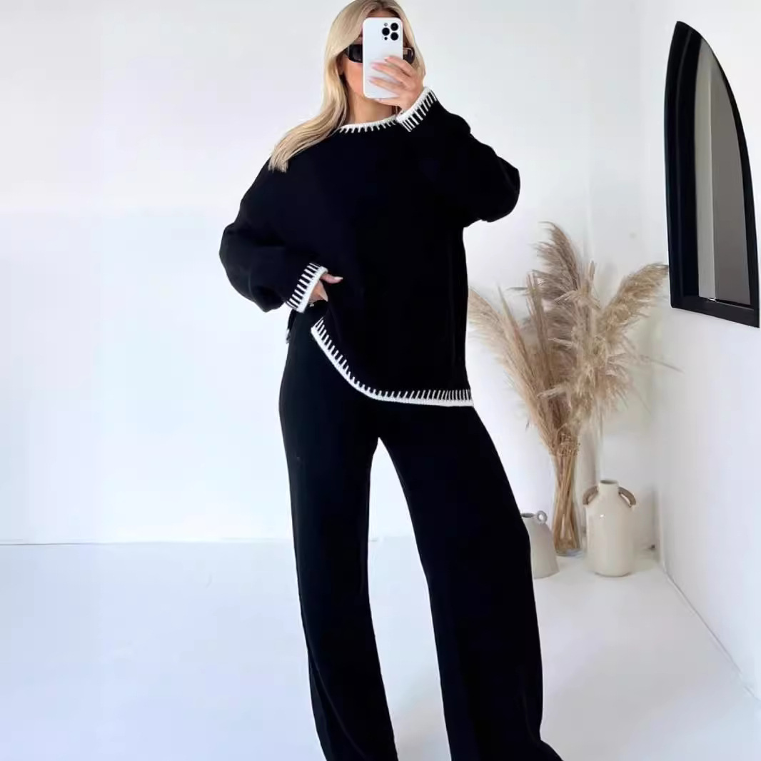 Women’s Two-Piece Lounge Set – Knit Fabric – Relaxed Fit – High Waist Wide-Leg Pants