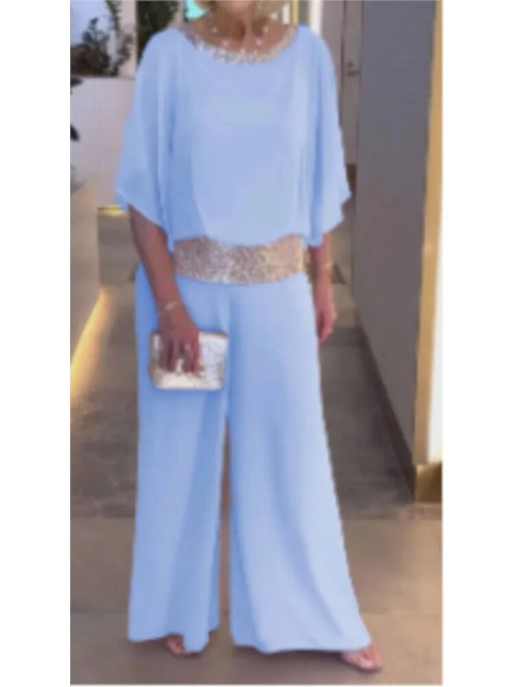 Women's Evening Gown - Floor-Length Elegant Fit - Round Neck Embellished - Short Sleeve
