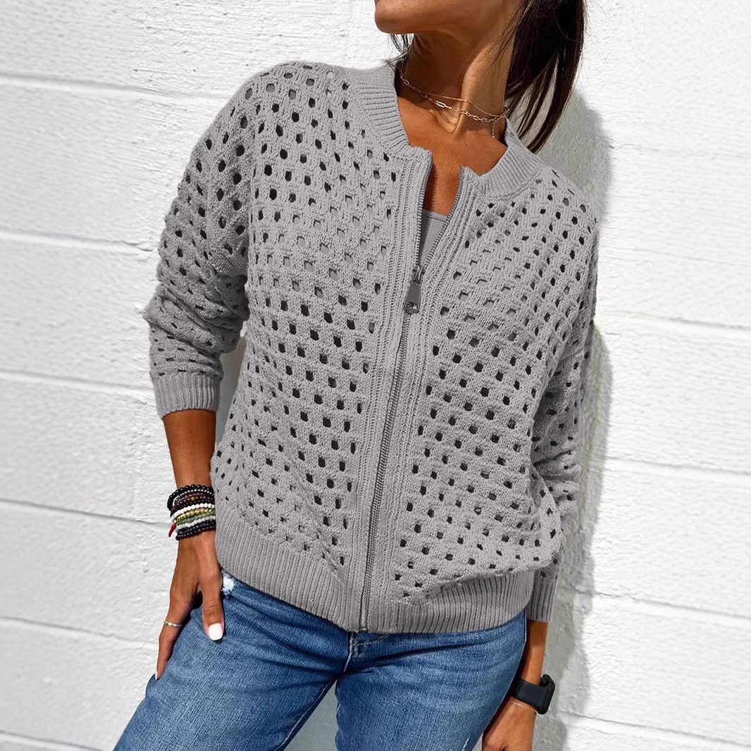 Women’s Knitted Jacket – Relaxed Fit – Open-Knit Design – Ribbed Trim – Zipper Front