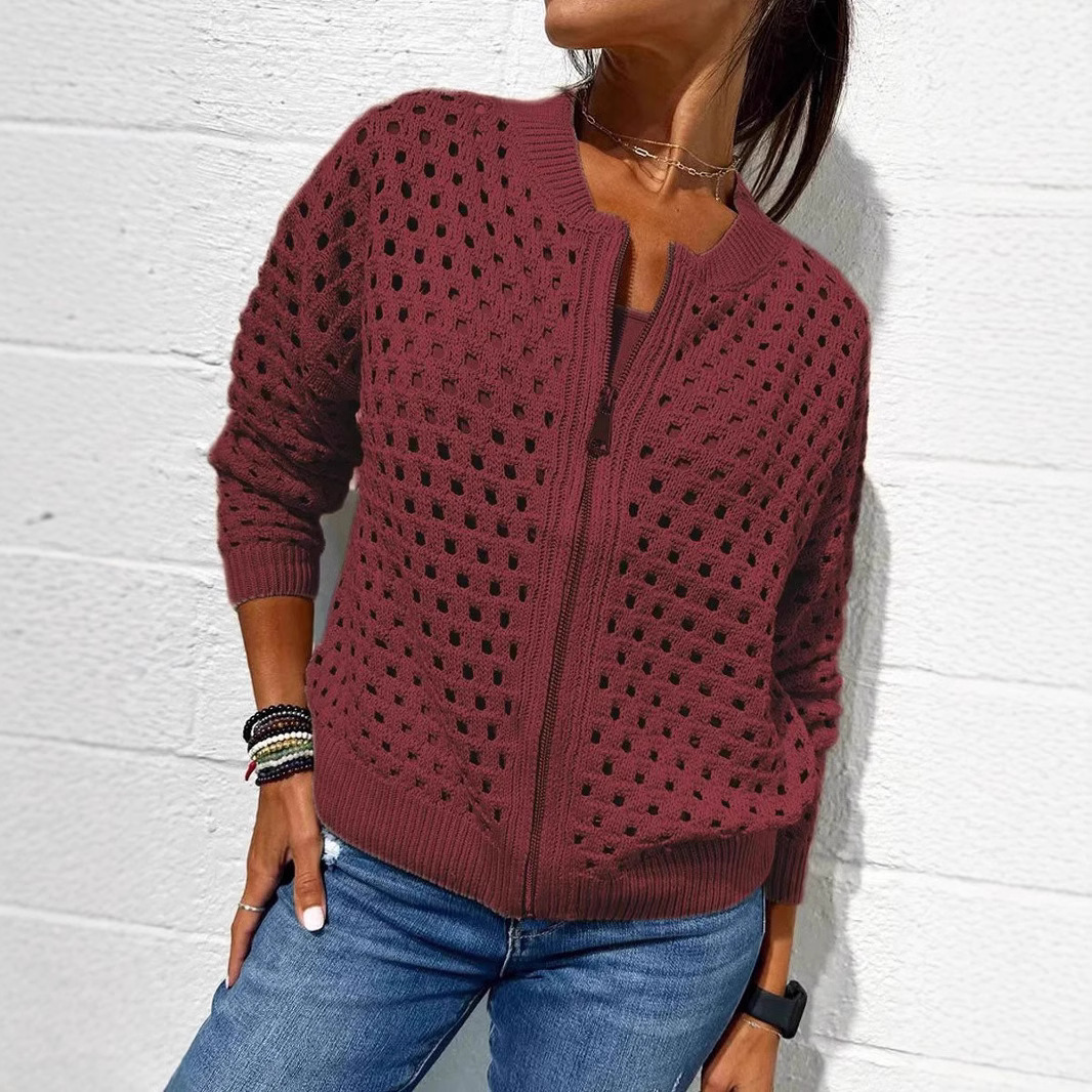 Women’s Knitted Jacket – Relaxed Fit – Open-Knit Design – Ribbed Trim – Zipper Front