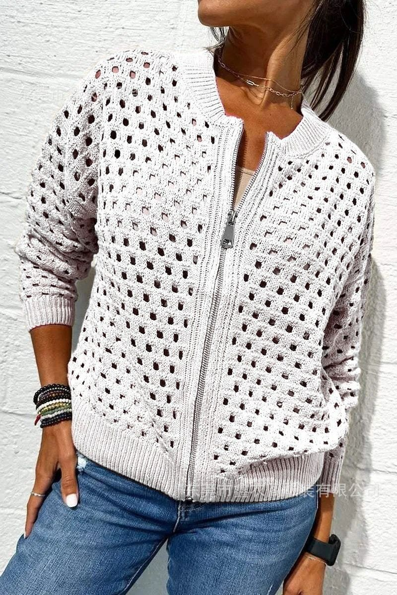 Women’s Knitted Jacket – Relaxed Fit – Open-Knit Design – Ribbed Trim – Zipper Front