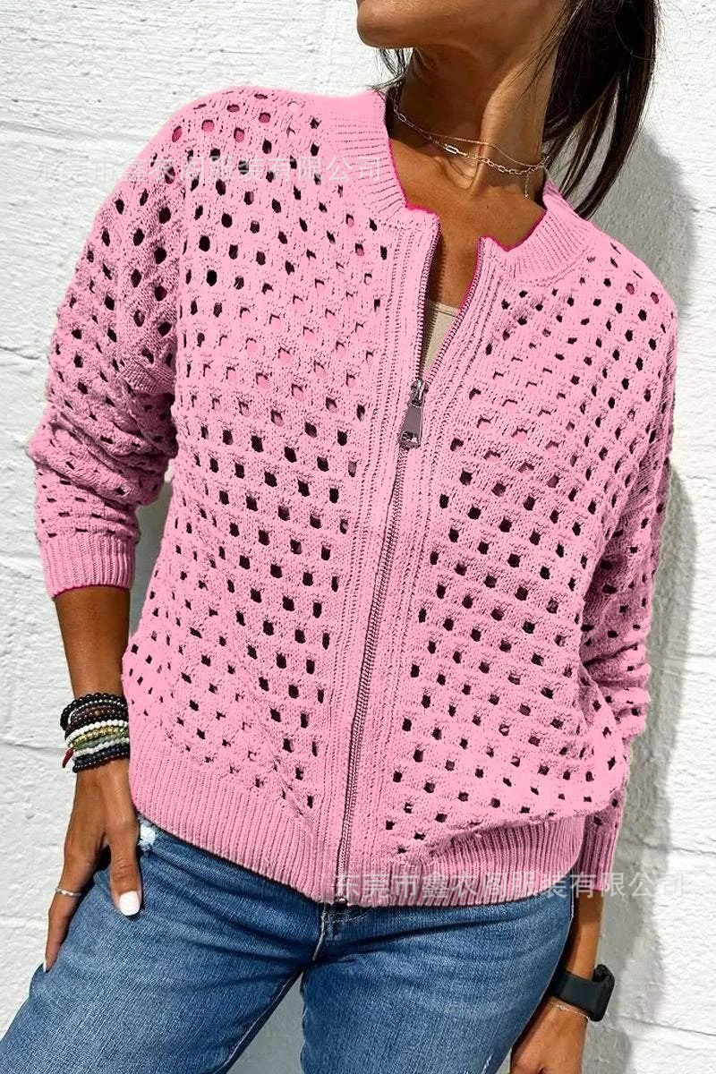 Women’s Knitted Jacket – Relaxed Fit – Open-Knit Design – Ribbed Trim – Zipper Front