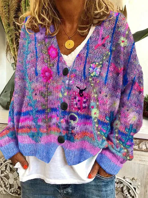 Women's colorful long sleeve cardigan with button closure