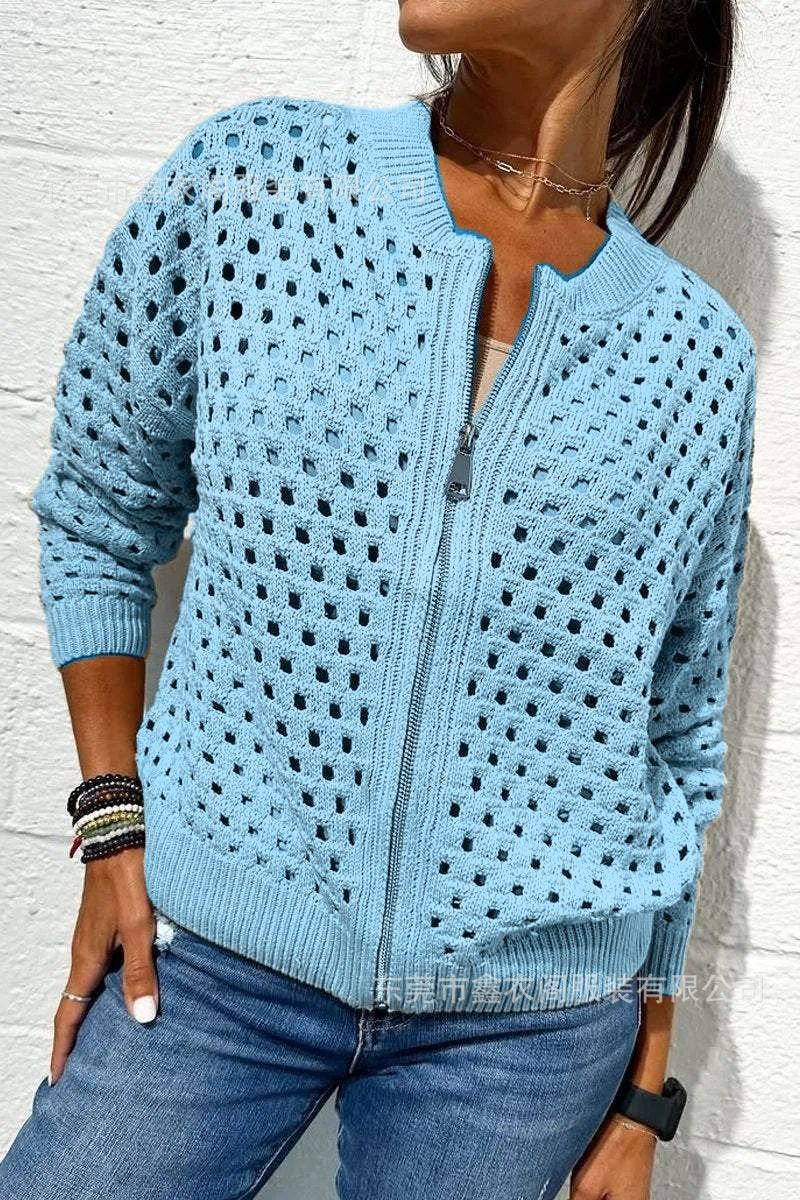 Women’s Knitted Jacket – Relaxed Fit – Open-Knit Design – Ribbed Trim – Zipper Front