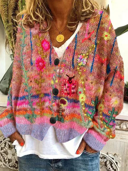 Women's colorful long sleeve cardigan with button closure