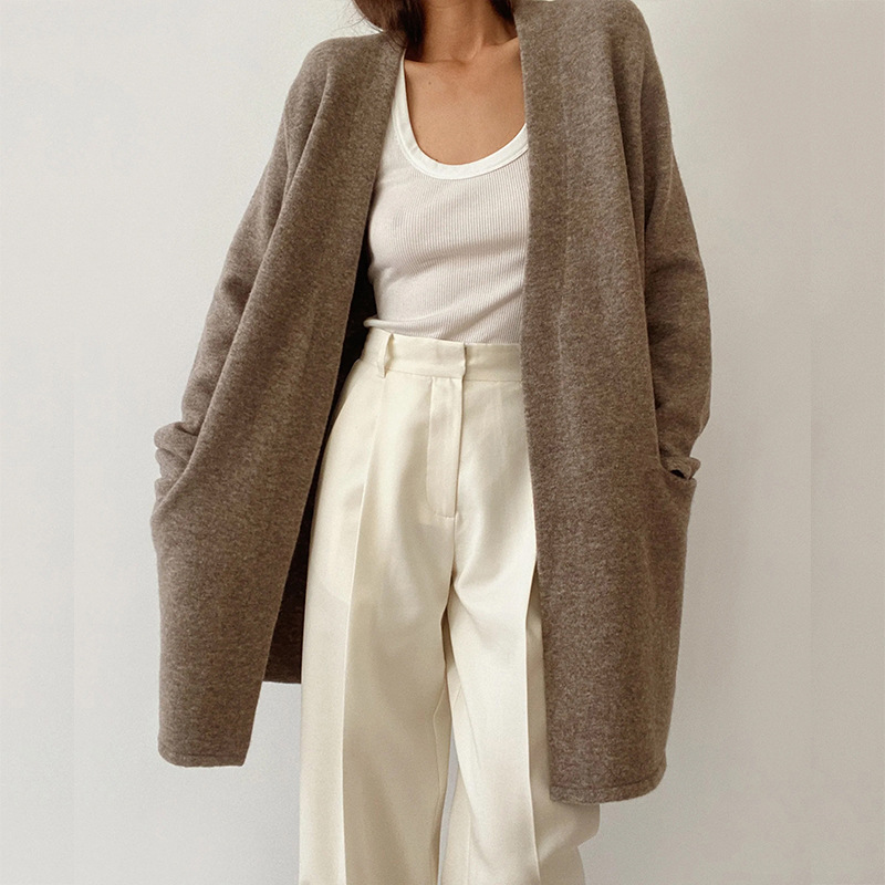 Women’s Cardigan – Relaxed Fit – Wool Knit – Open Front – Long Sleeve – With Pockets