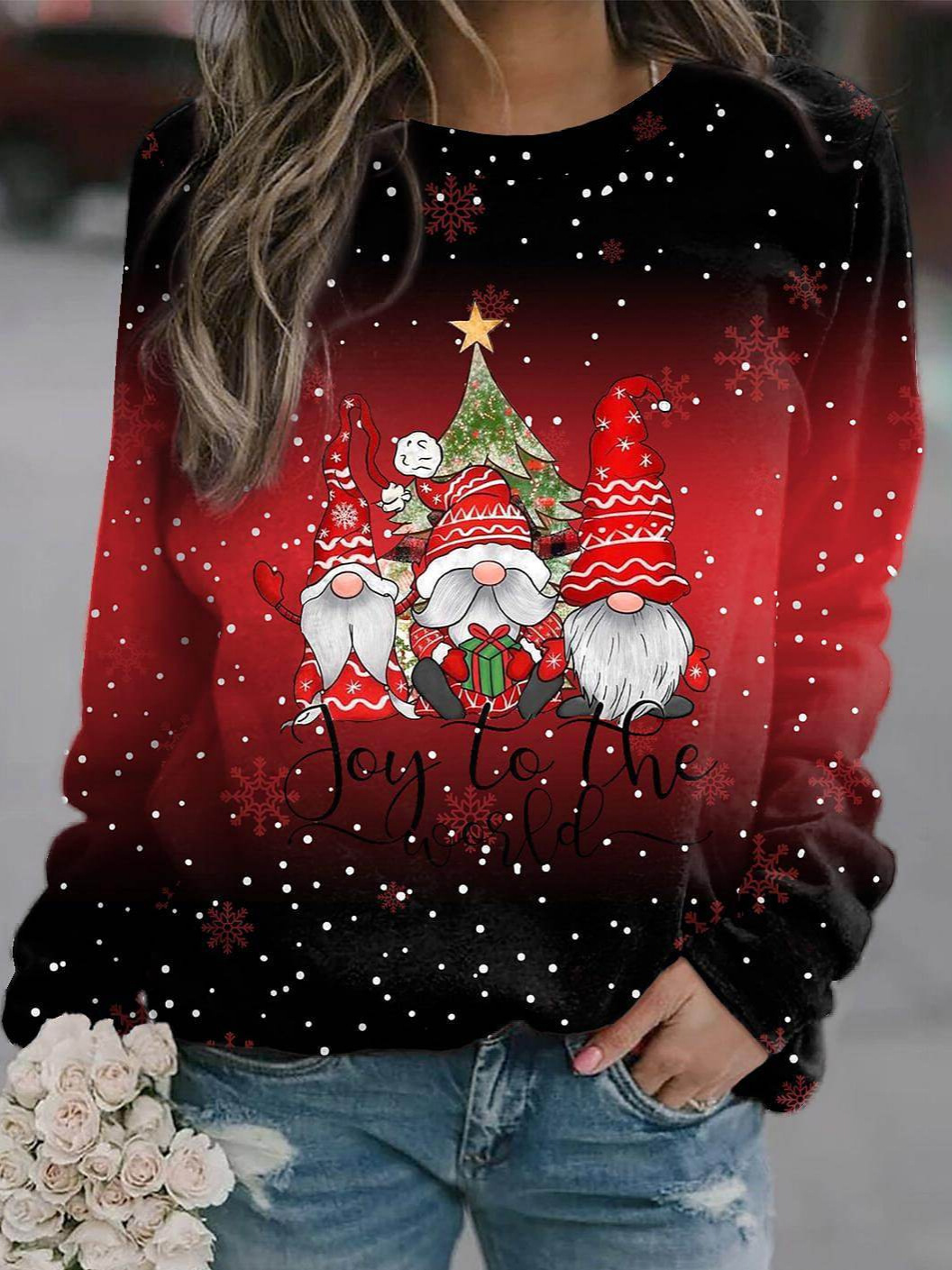 Women’s Sweatshirt – Loose Fit – Cotton Blend – Round Neck – Graphic Ombre Print – Ribbed Trim