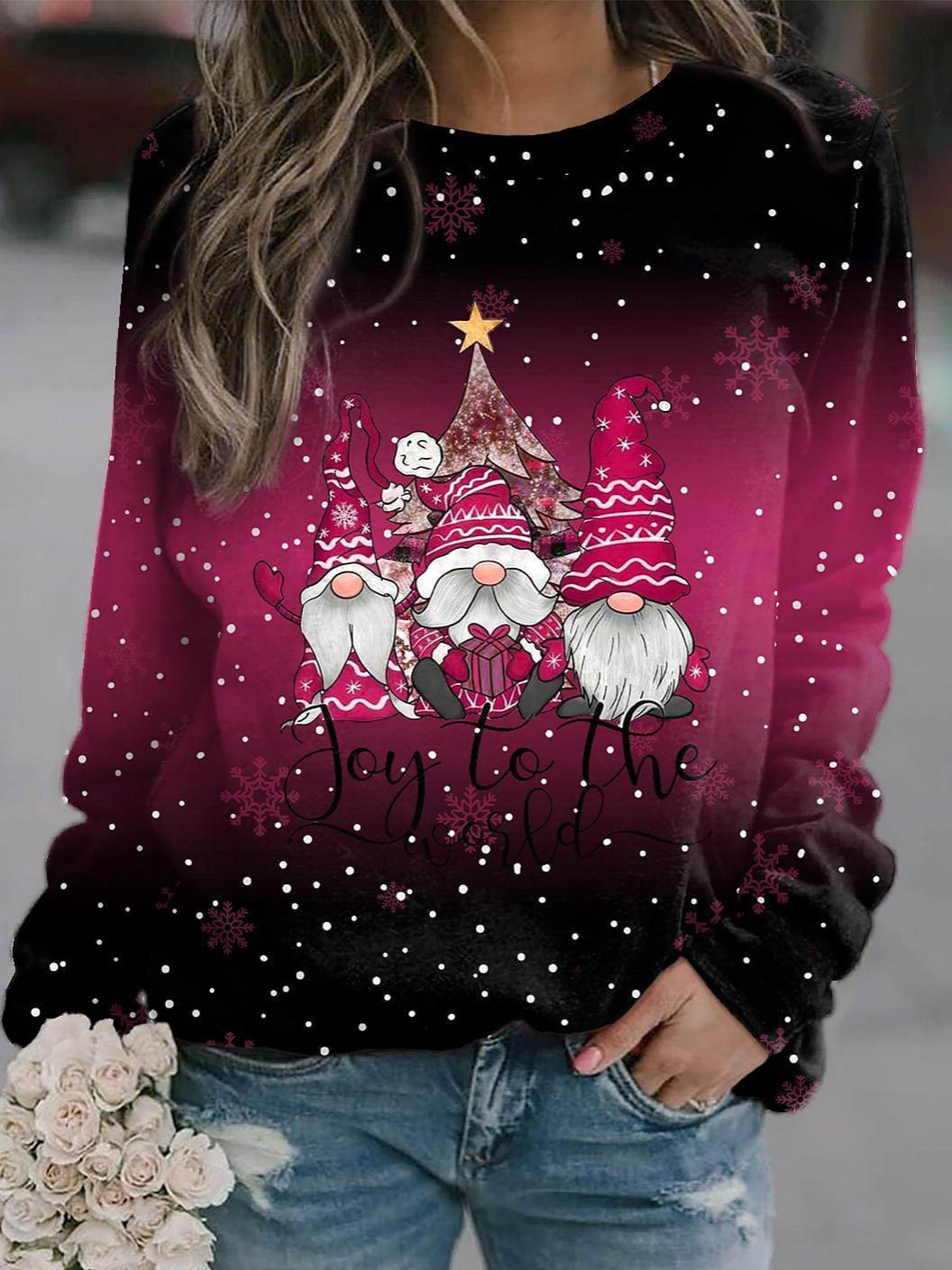 Women’s Sweatshirt – Loose Fit – Cotton Blend – Round Neck – Graphic Ombre Print – Ribbed Trim