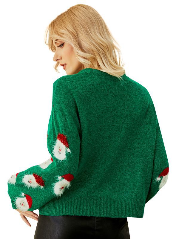 Women’s Sweatshirt – Relaxed Fit – Knit Texture – Santa Print – Crew Neck – Long Sleeve