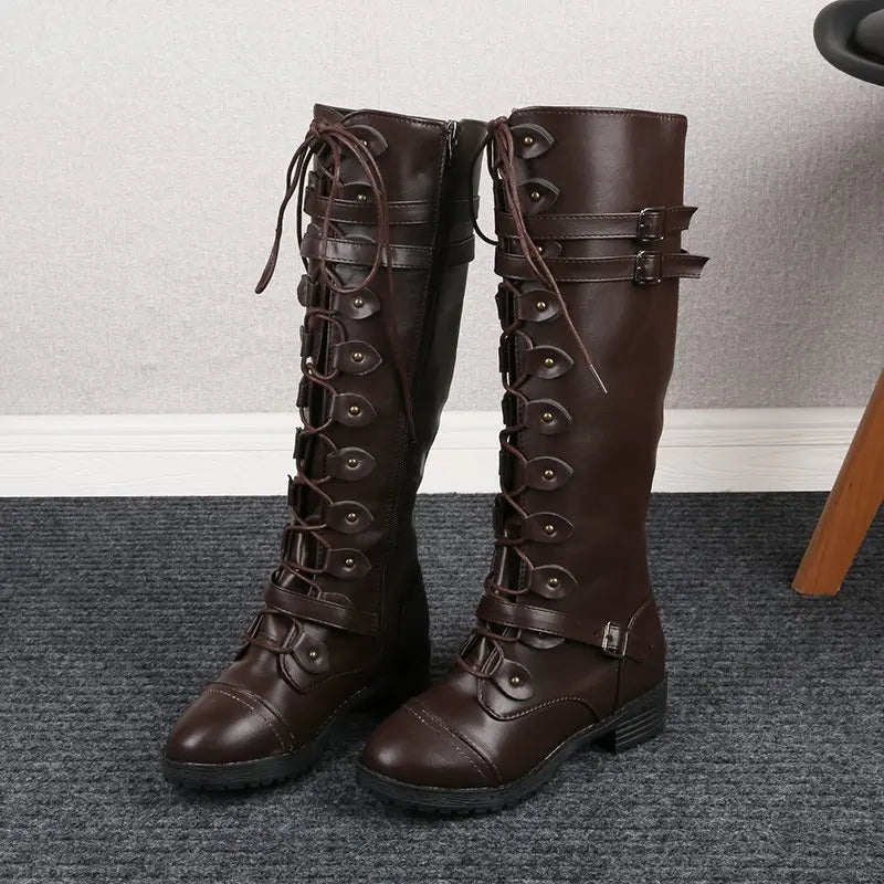 Women's knight low heel biker boots with belt buckle cross straps