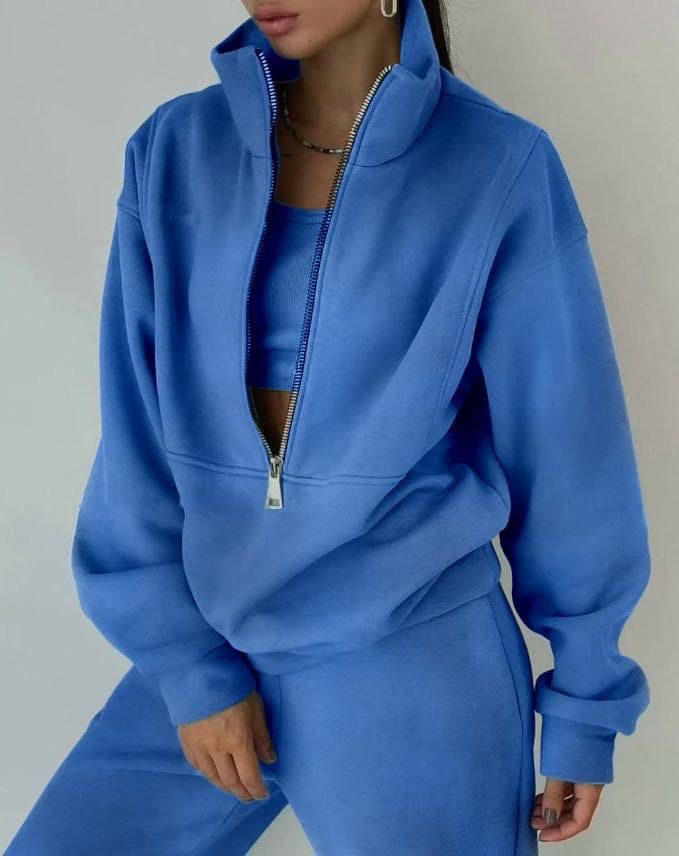 Women’s Two-Piece Tracksuit Set – Relaxed Fit – High Collar Zip Top – Elastic Waist Pants