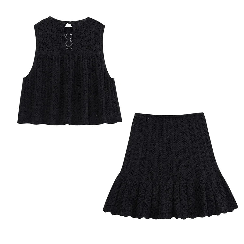 Women’s Sleeveless Knit Dress - Textured Open-Knit Top - Flared Skirt - Ruffled Hem