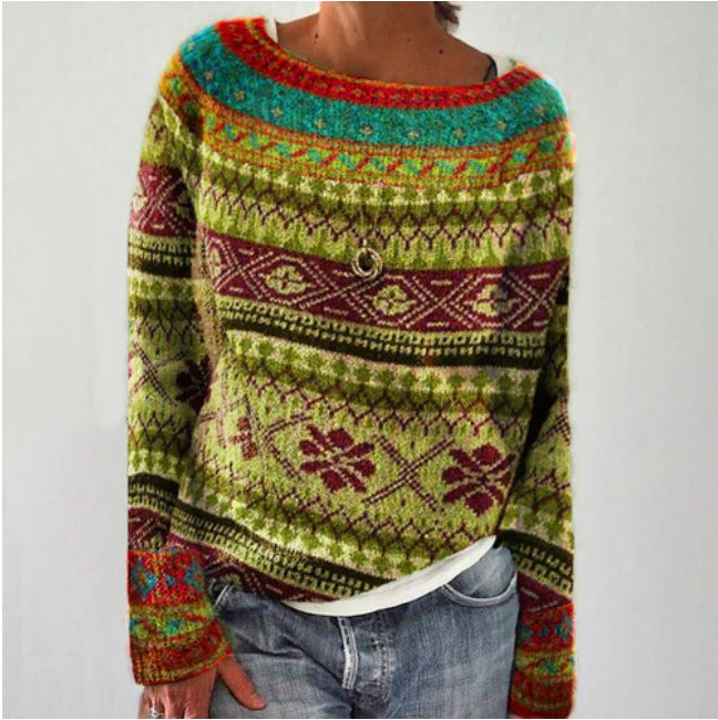 Women’s Sweatshirt – Relaxed Fit – Fuzzy Knit – Wide Neckline – Forest Graphic Pattern