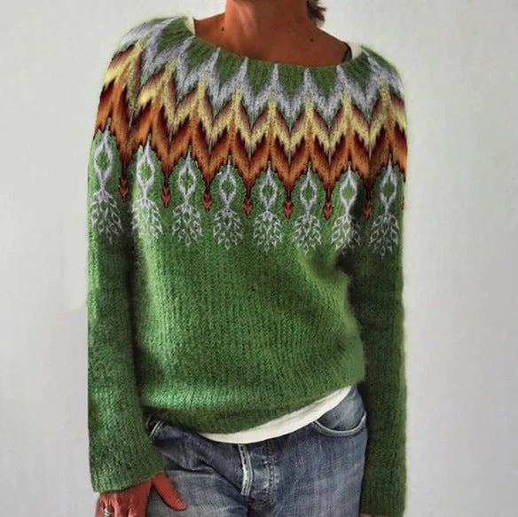 Women’s Sweatshirt – Relaxed Fit – Fuzzy Knit – Wide Neckline – Forest Graphic Pattern