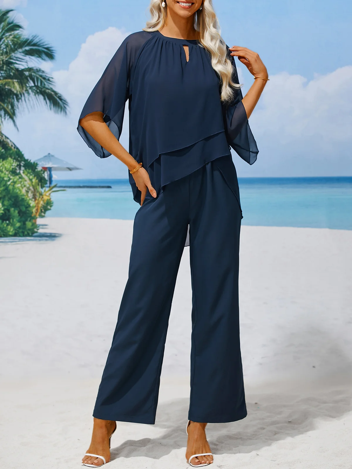 Women's urban loose two piece set with elegant round neckline