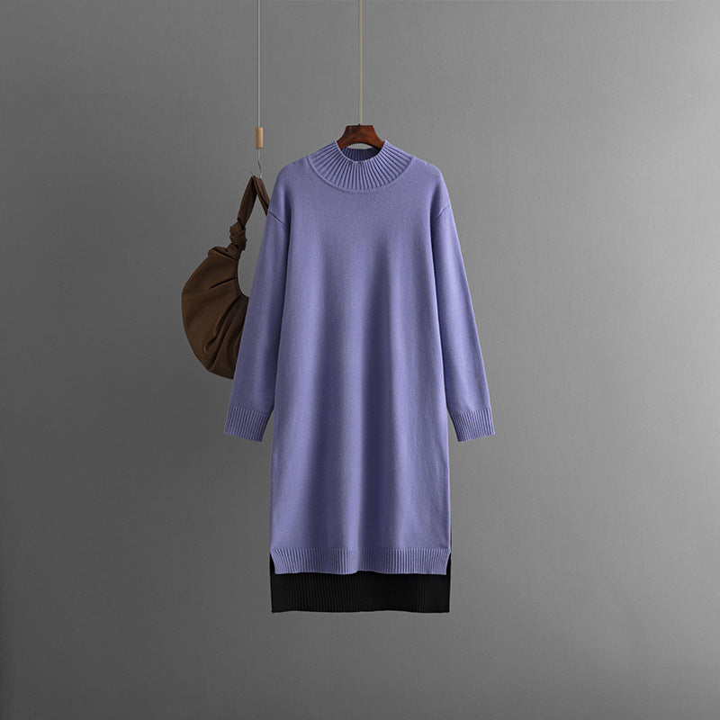 Women's knee-length half-high collar knitted sweater dress
