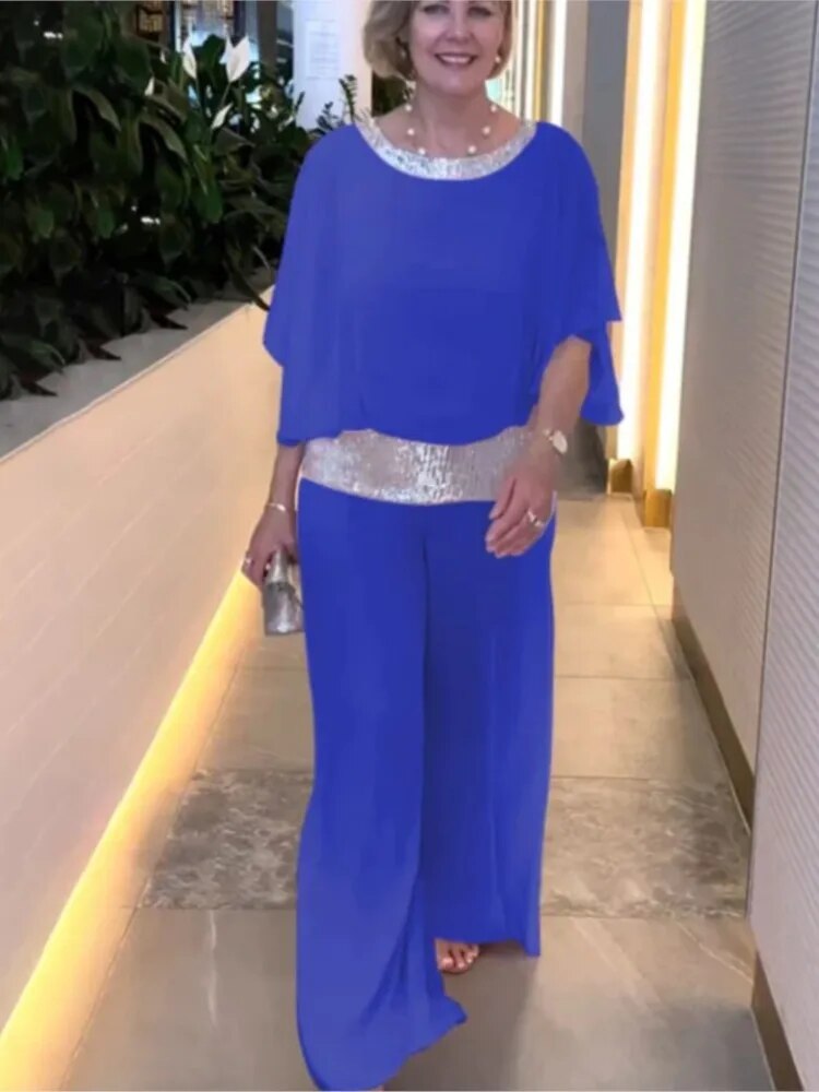Women's Evening Gown - Floor-Length Elegant Fit - Round Neck Embellished - Short Sleeve