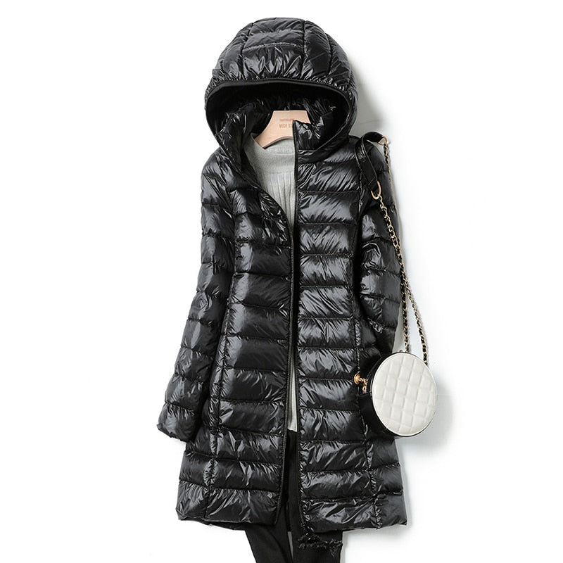 Women's Puffer Coat - Quilted Mid-Length - Hooded Lightweight Warm Jacket