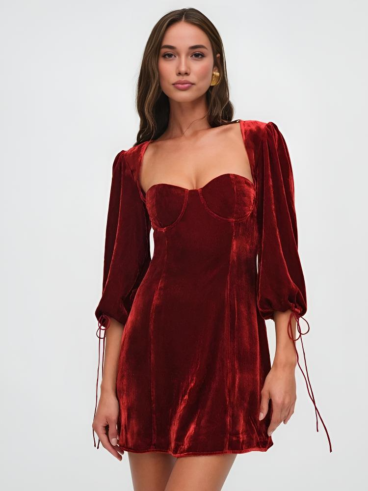 Women’s Mini Dress – Velvet Slim Fit – Puff Sleeve – Sweetheart Neck – Evening Wear