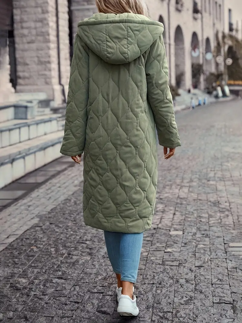 Women’s Quilted Coat – Hooded Long Length – Relaxed Fit – Lightweight Insulated Layer