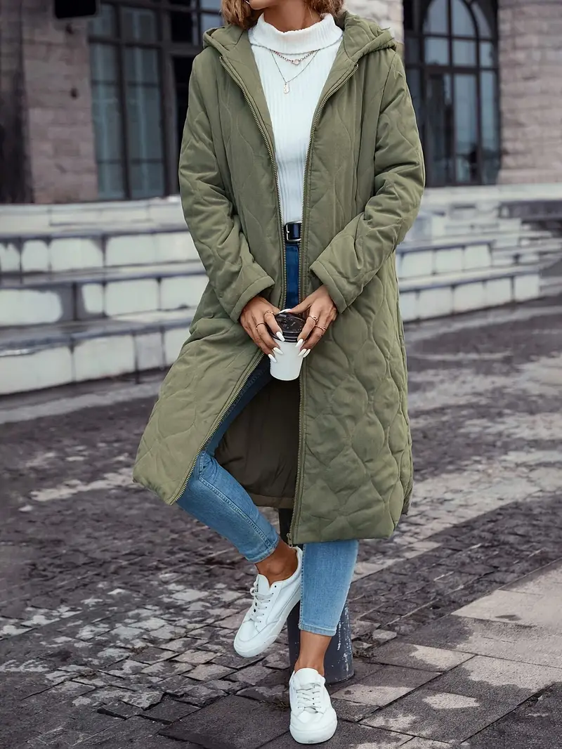 Women’s Quilted Coat – Hooded Long Length – Relaxed Fit – Lightweight Insulated Layer