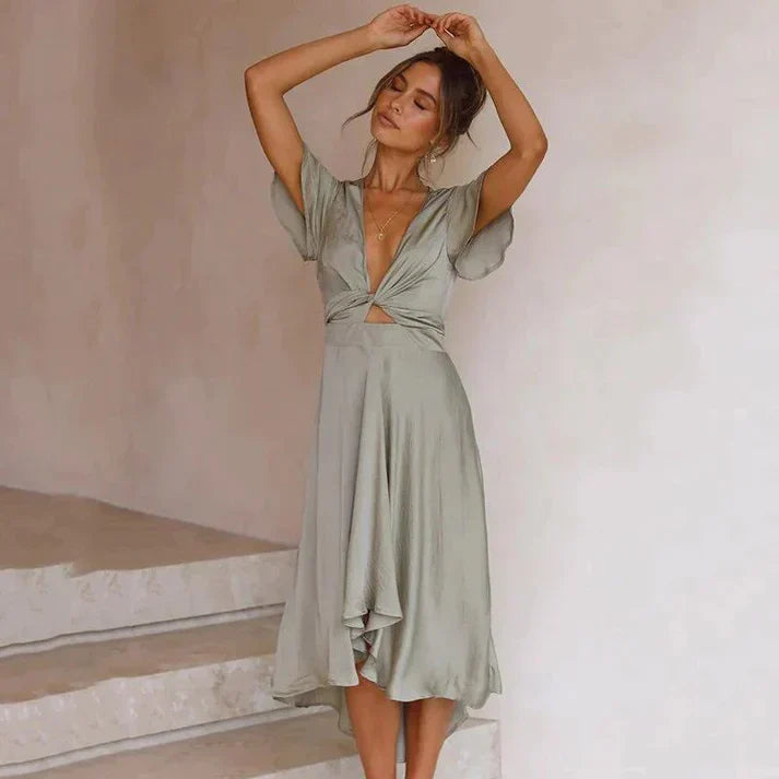 Women's Midi Dress - Deep V-Neck - Flutter Sleeves - Adjustable Waist Tie - Flowy Hem