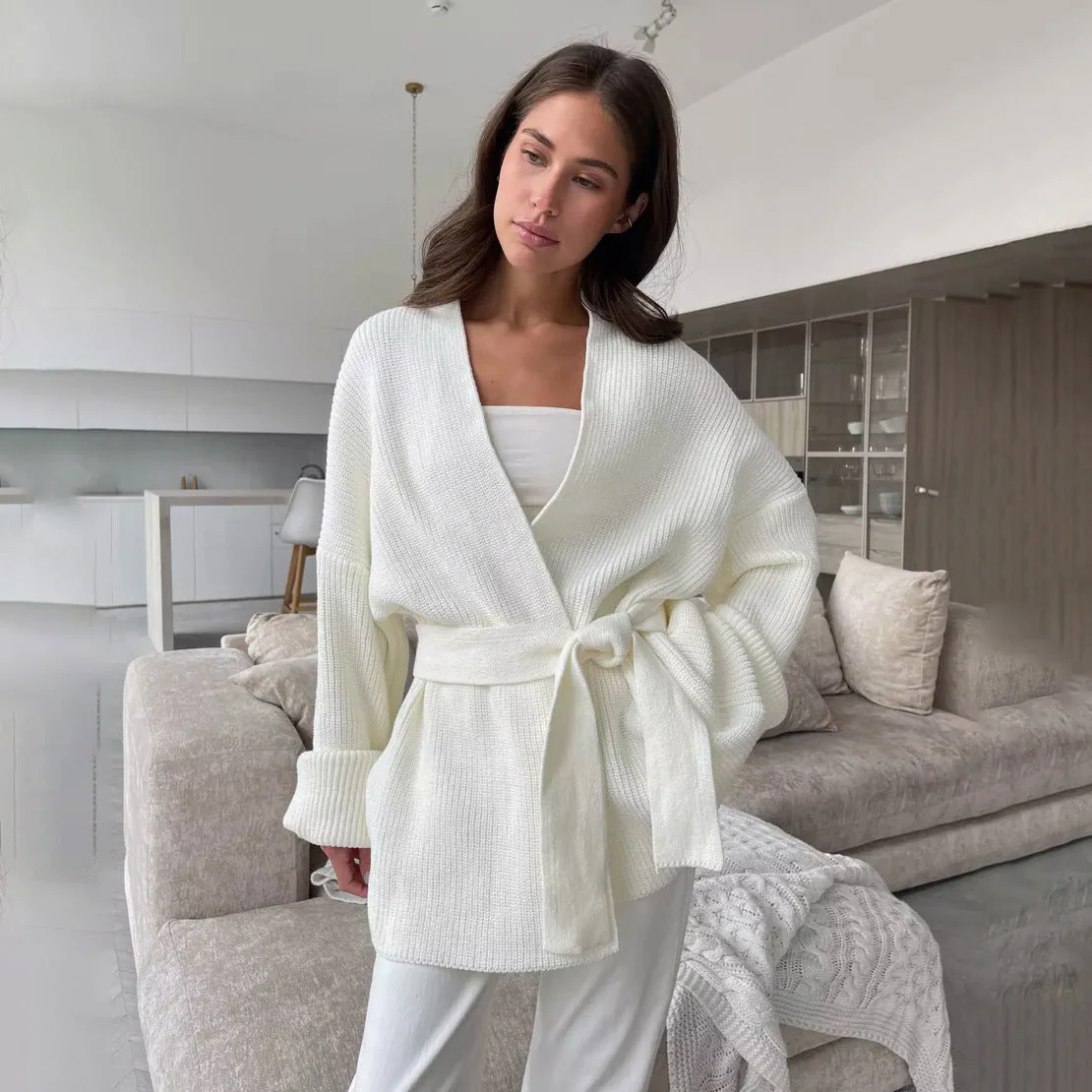 Women’s Knit Cardigan – Relaxed Fit – Wrap Belted Waist – Ribbed Texture – Hip Length