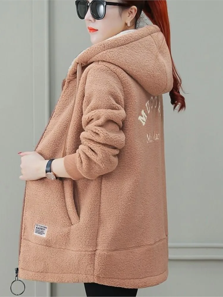 Women’s Mid-Length Coat – Sherpa Fleece – Loose Fit – Hooded with Zipper Closure
