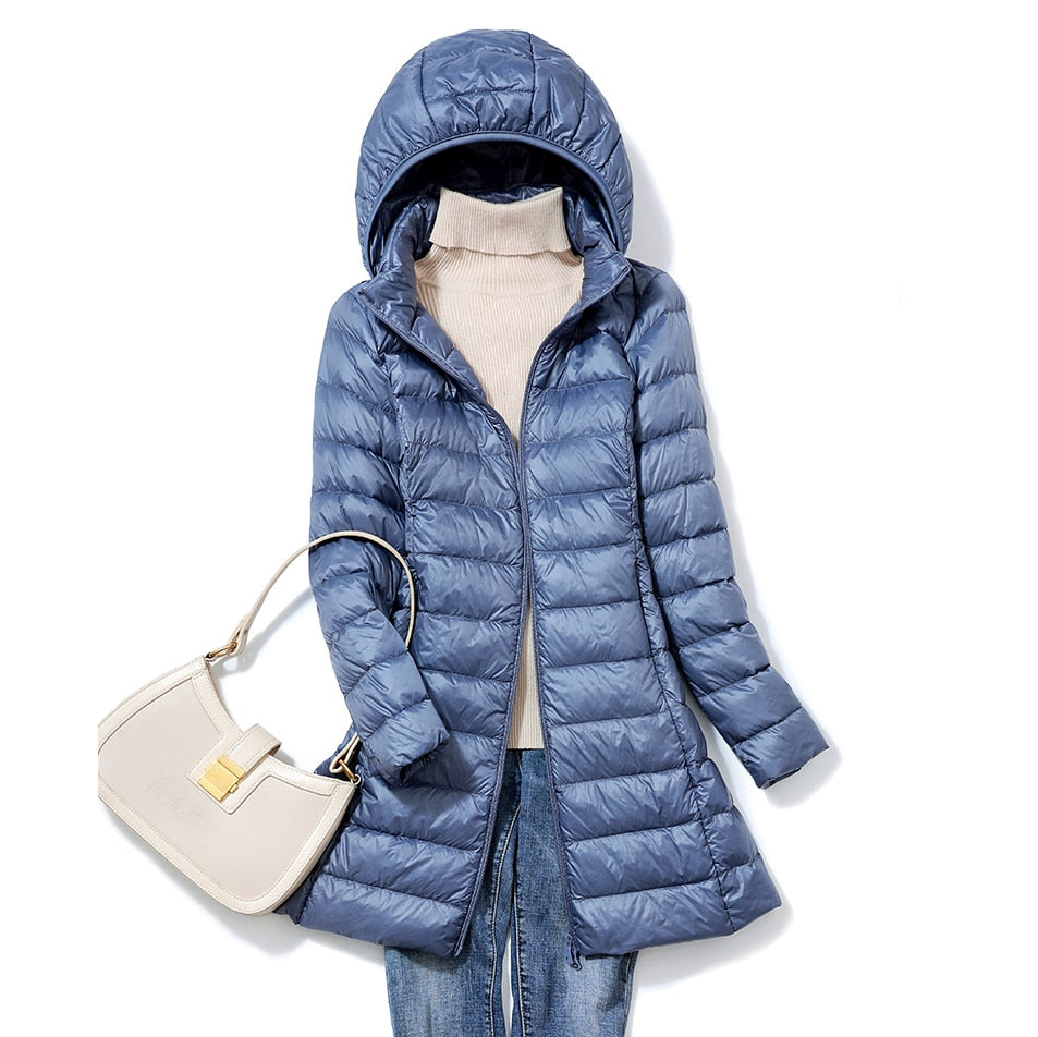 Women's Puffer Coat - Quilted Mid-Length - Hooded Lightweight Warm Jacket