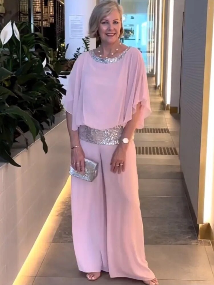 Women's Evening Gown - Floor-Length Elegant Fit - Round Neck Embellished - Short Sleeve