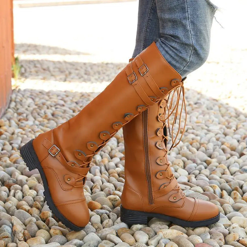 Women's knight low heel biker boots with belt buckle cross straps