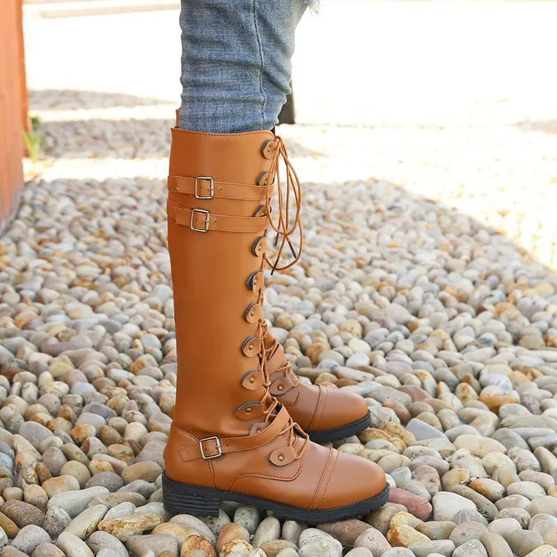 Women's knight low heel biker boots with belt buckle cross straps