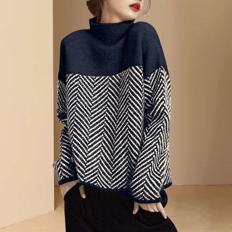 Women’s Pullover Sweatshirt – Oversized Fit – Plush Knit – High Roll Neck – Patterned