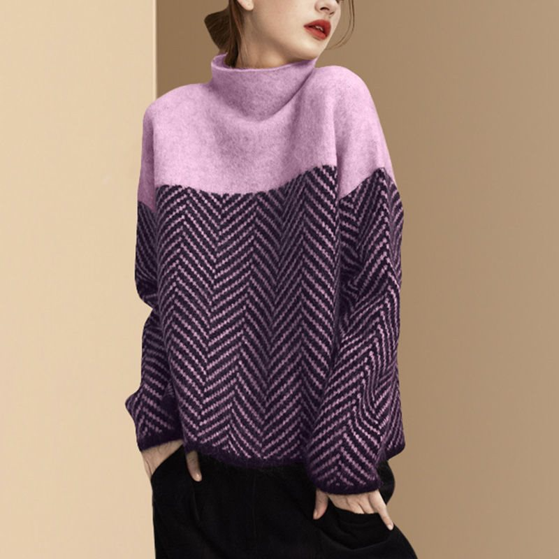 Women’s Pullover Sweatshirt – Oversized Fit – Plush Knit – High Roll Neck – Patterned