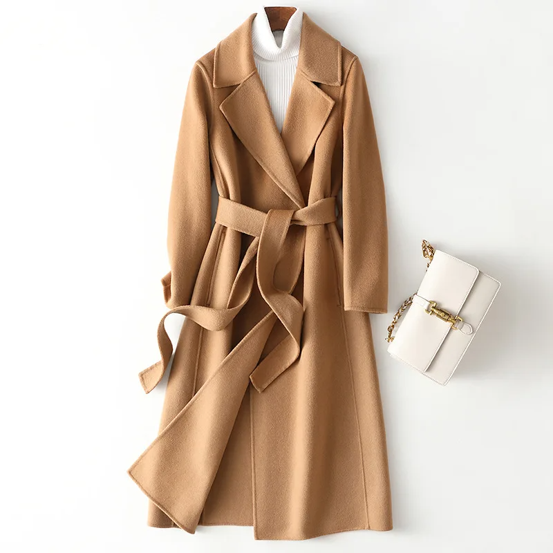Women’s Wool Coat – Longline Fit – Belted Waist – Open Front Structured Lapels