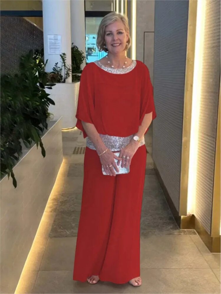 Women's Evening Gown - Floor-Length Elegant Fit - Round Neck Embellished - Short Sleeve