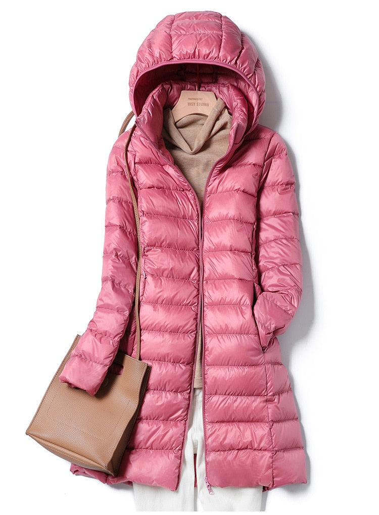 Women's Puffer Coat - Quilted Mid-Length - Hooded Lightweight Warm Jacket