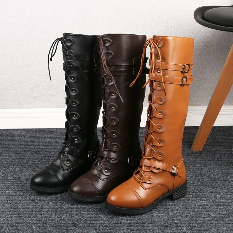 Women's knight low heel biker boots with belt buckle cross straps