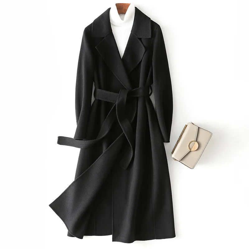 Women’s Wool Coat – Longline Fit – Belted Waist – Open Front Structured Lapels