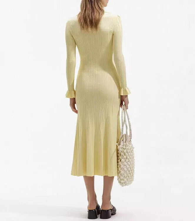 Women’s Maxi Dress – Ribbed Knit – Mermaid Fit – Shirt Collar – Button Front – Pockets