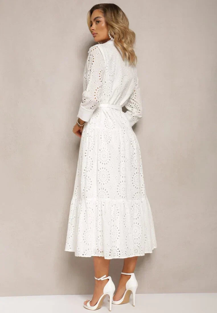 Women’s Midi Dress – Broderie Anglaise – Relaxed Fit – Belted Waist – Long Sleeve