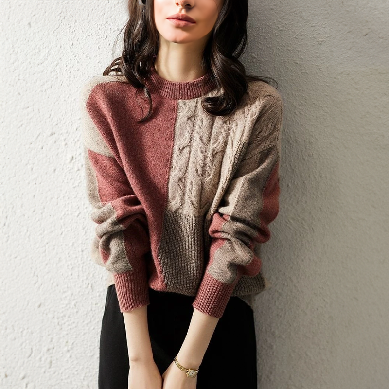Women's color-blocked twist thick knit semi-high neck sweater