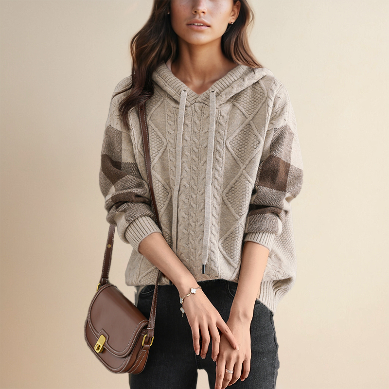 Women's casual hooded loose knit long sleeve with drawstring