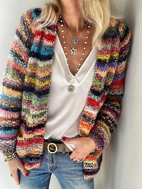 Women’s Knit Cardigan – Relaxed Fit – Soft Chunky Knit – Open Front – Striped Design