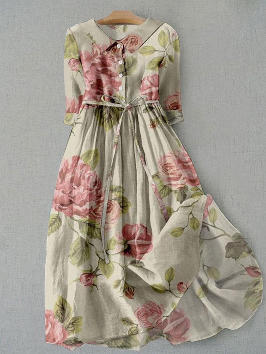 Women’s Midi Dress – Vintage Floral Print – Lapel Collar – Belted Waist – 3/4 Sleeve
